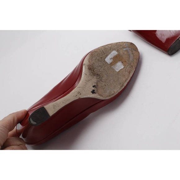 Salvatore Ferragamo Burgundy Patent Leather Peep Toe Wedge Pumps 6.5 B (fits 7) - Picture 11 of 11